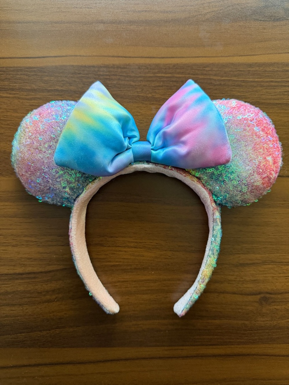 Disney Parks Tie Dye Minnie Ears Pastel Sequin Rainbow Bow Headband